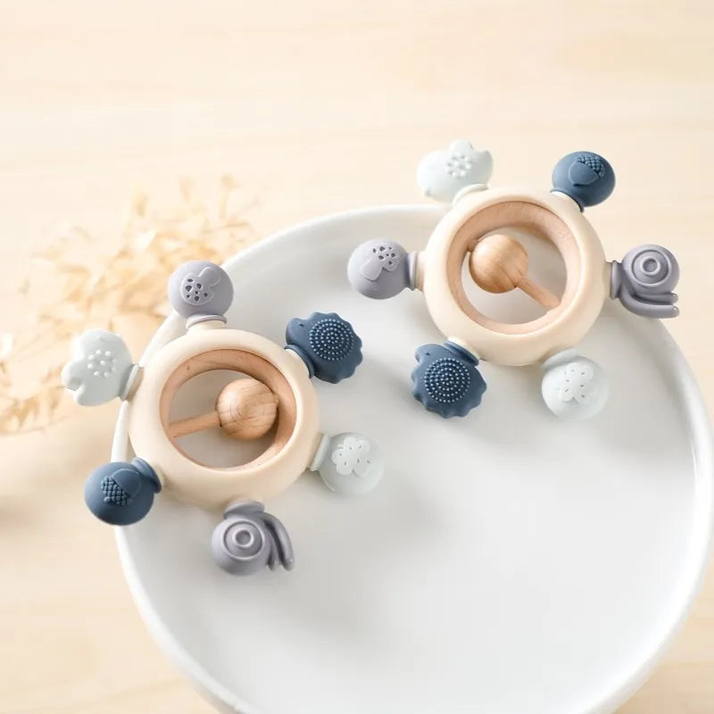 Baby Beißring – Silikon, mit Blumen- und Fruchtrasseln für Kinder