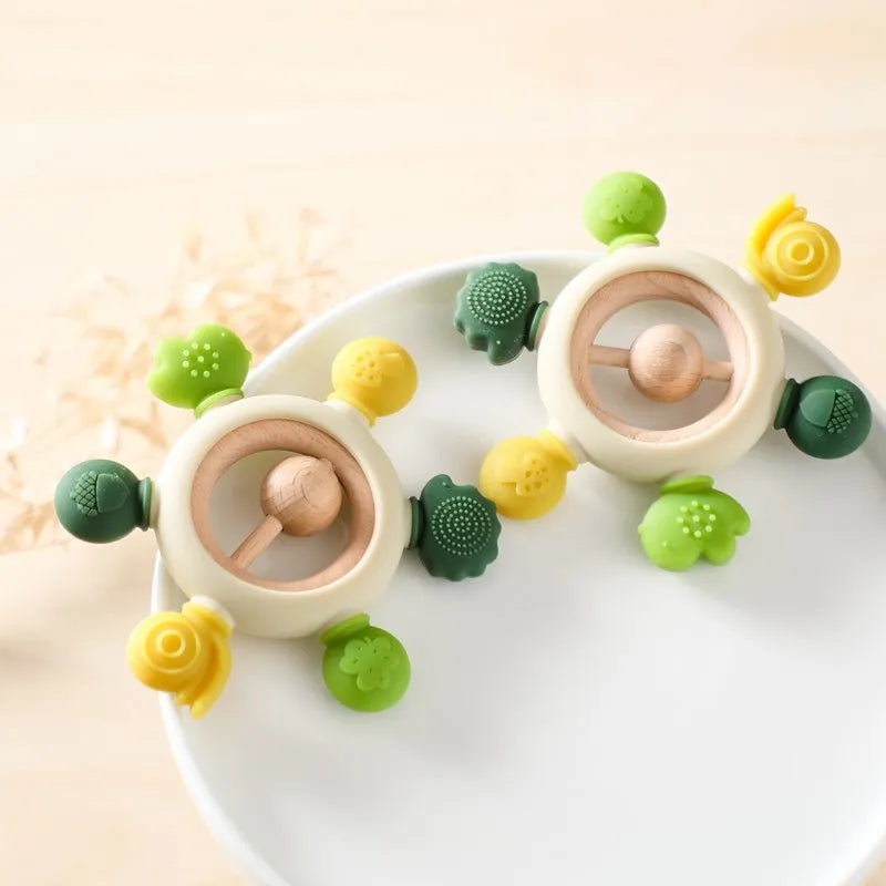 Baby Beißring – Silikon, mit Blumen- und Fruchtrasseln für Kinder