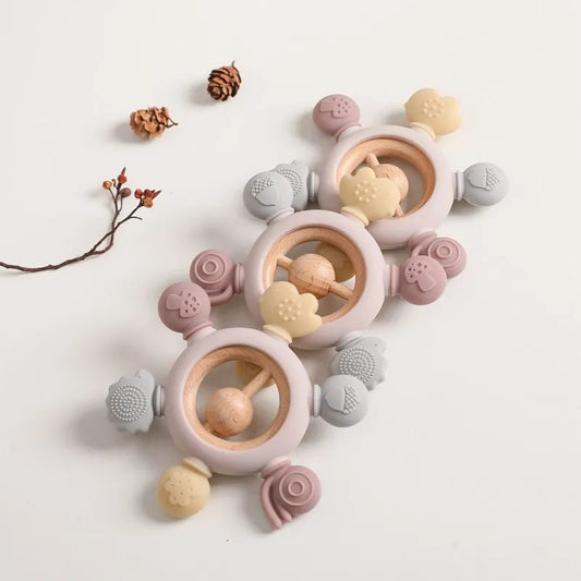 Baby Beißring – Silikon, mit Blumen- und Fruchtrasseln für Kinder