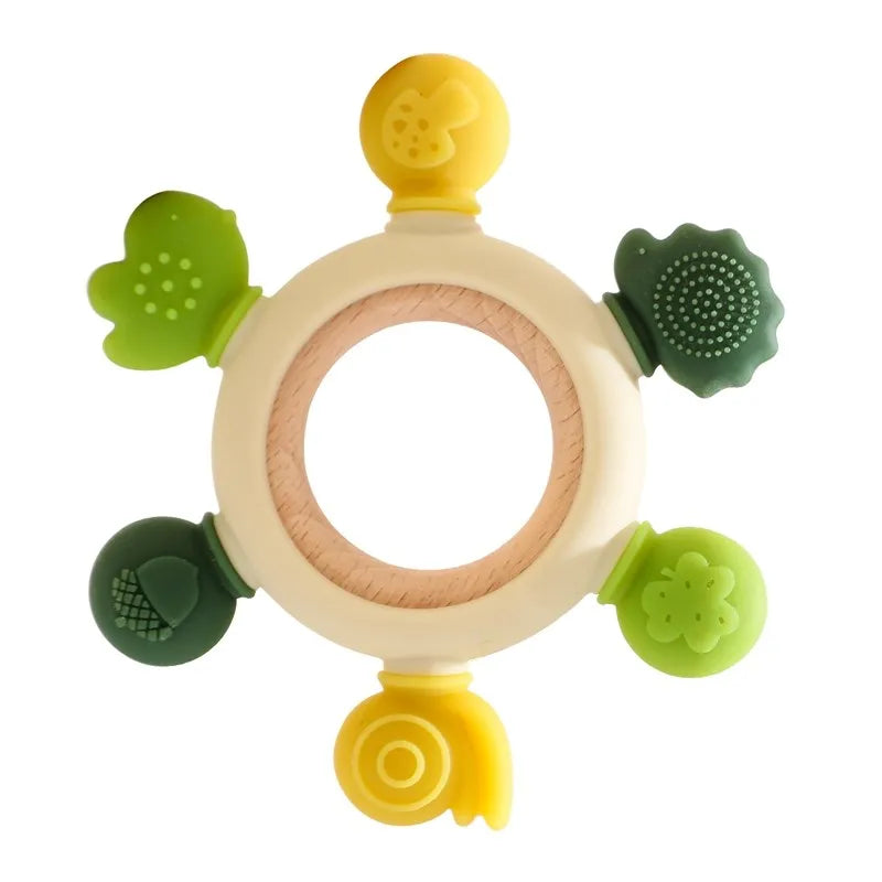 Baby Beißring – Silikon, mit Blumen- und Fruchtrasseln für Kinder